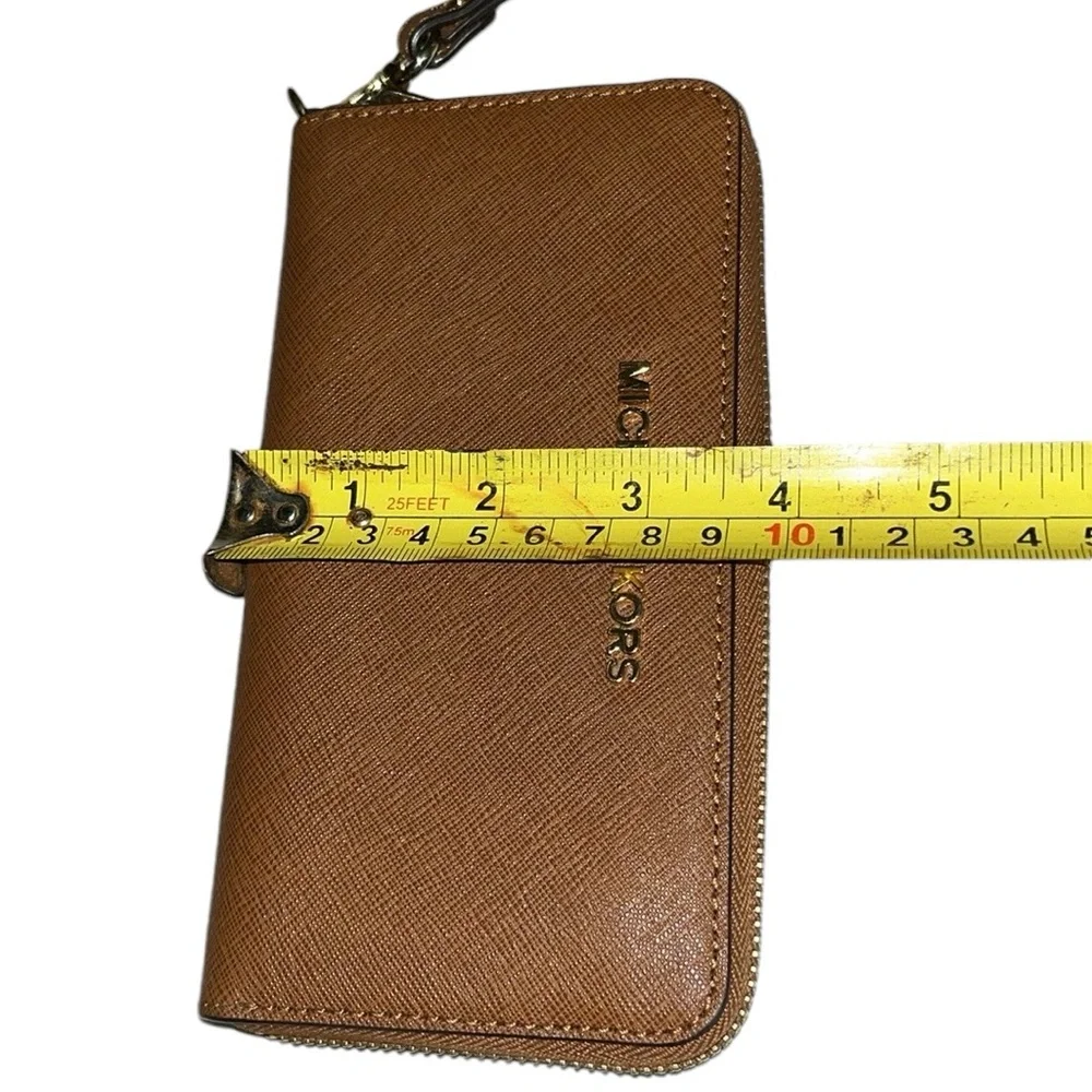 Micheal Kors brown saffiano leather wristlet phone wallet , card case